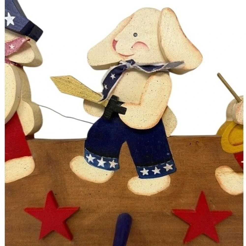 Handcrafted Folk Art Wood Peg Rack Red White Blue Patriotic Americana Bunnies
